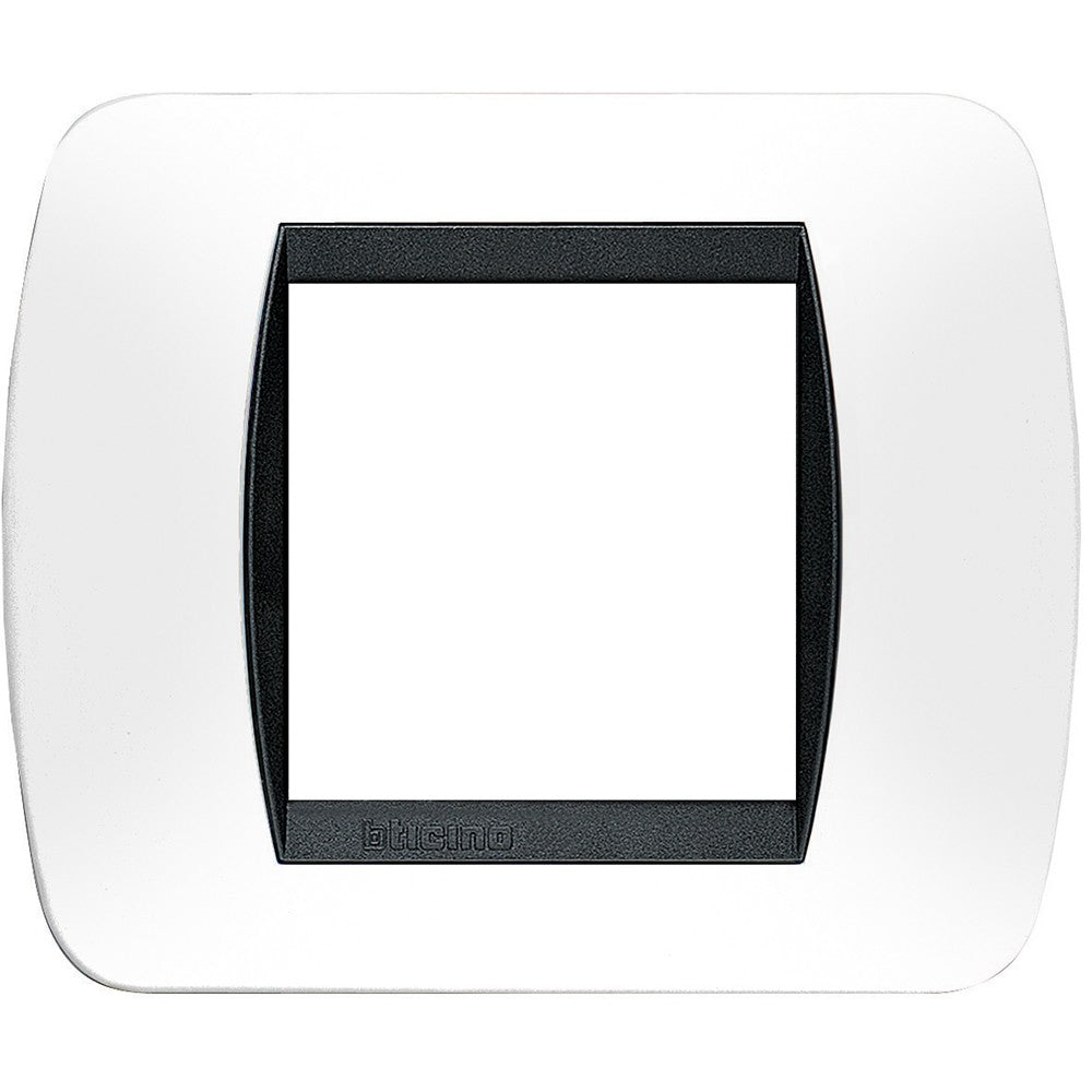 Bticino Living International white switch plate 2 modules, dark steel design, 80mm height, 93mm width.
