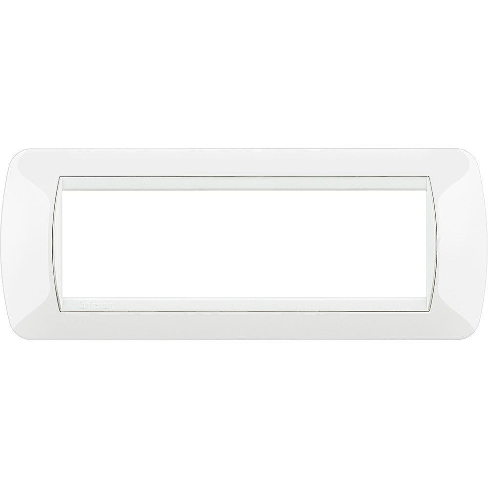 Living Light Placca 7 posti bianco L4807BI by BTicino, 80mm height, 206mm width, sleek white design for electrical installation.