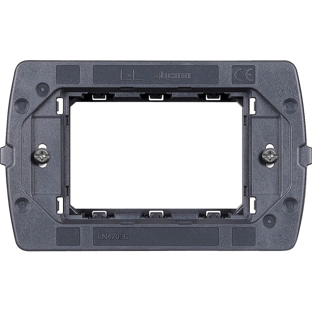 Bticino 3-module support frame LN4703C for Livinglight Air series, dimensions 73mm x 119mm.