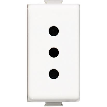 Bticino Matix white electrical socket 10A with three black holes, designed for 250Vac, 2P+T connection.