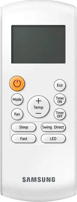 Samsung air conditioner remote control with various function buttons including temperature and mode settings.