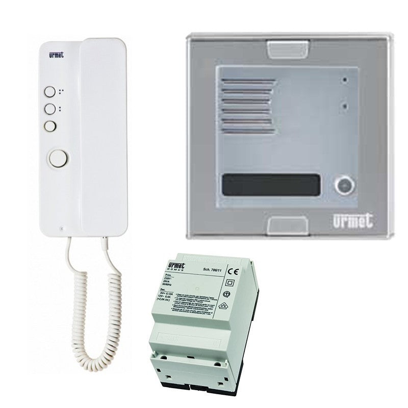Kit citofono Urmet con citofono Mirò, pulsantiera Sinthesi e alimentatore per sistema 4 fili.