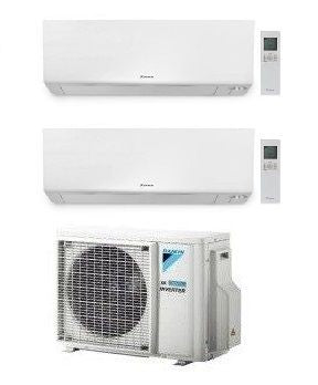 Daikin Dual Split Air Conditioner with two indoor units and one outdoor unit, energy-efficient inverter model.
