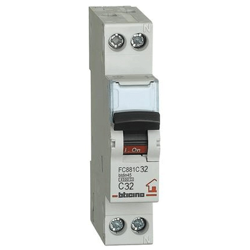 Bticino FC881C32 magnetothermic switch 32A 1P+N, DIN mount, rated 4.5kA, for electrical protection