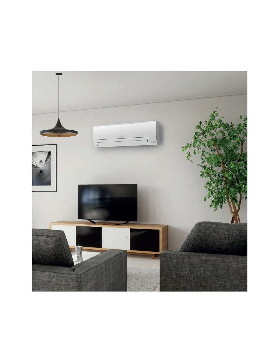 Mitsubishi dual split air conditioner MSZ-HR installed in modern living room with TV and greenery.