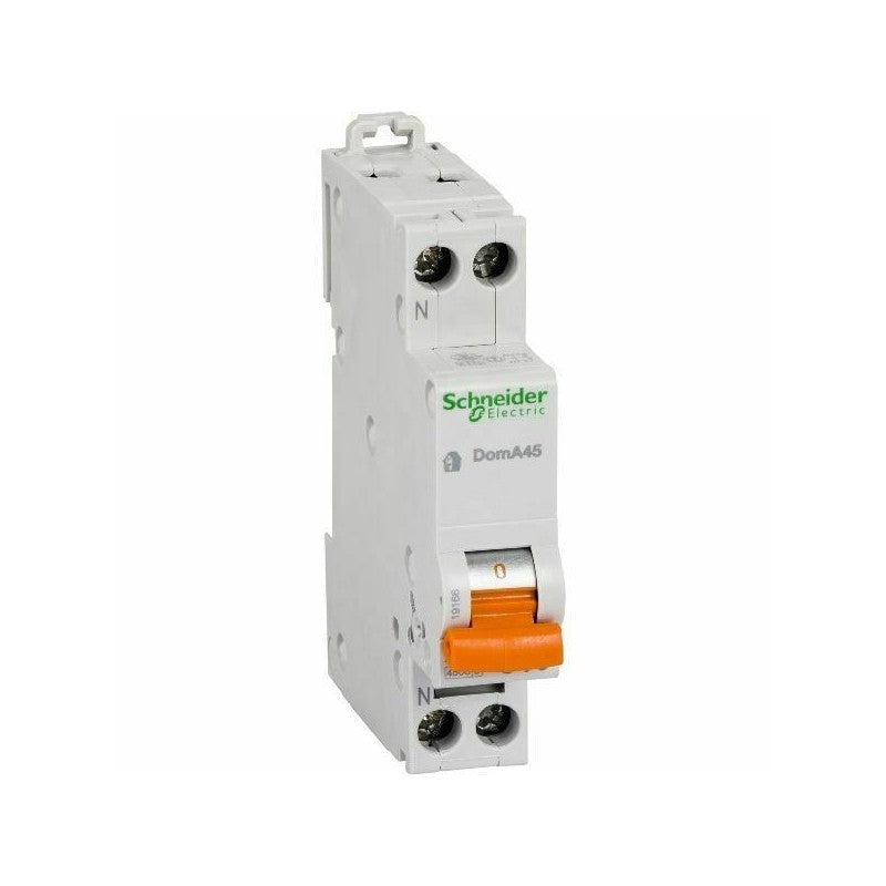 Interruttore magnetotermico DomA45 1P+N C 10A 4500A Schneider Electric, interruttore modulare per protezione elettrica.