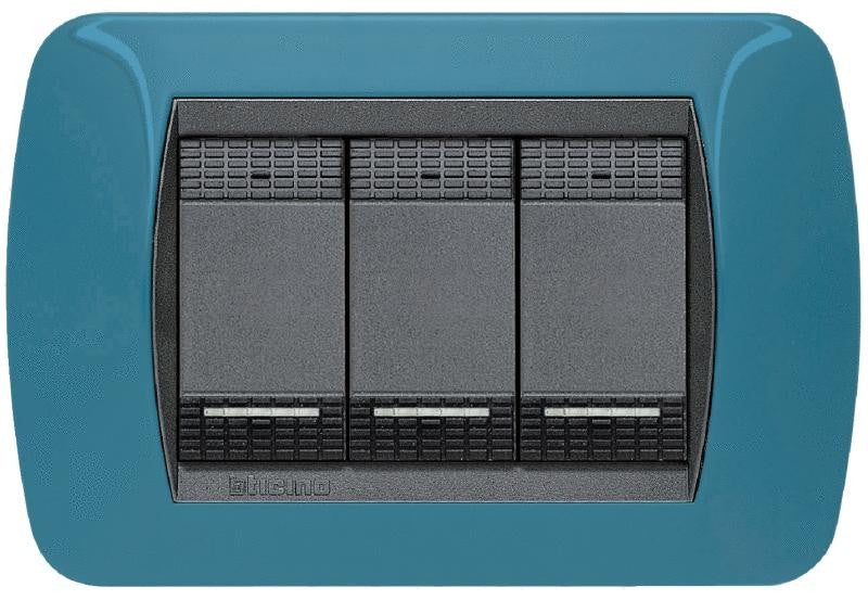 Bticino L4803BU blue 3-gang switch plate from Livinginternational series for modern home decor.