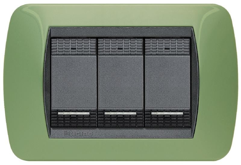 Bticino LivingLight 3-module switch in green drugstore color, 80mm height, 119mm width.