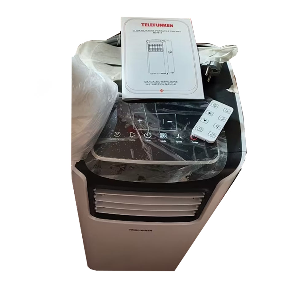 Condizionatore portatile Telefunken con controllo remoto e pannello touch, modello M07614, nuovo e imballato.
