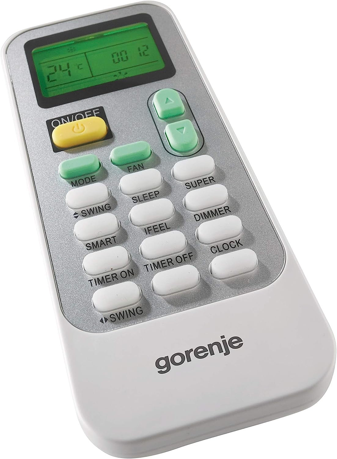 Telecomando Gorenje per climatizzatore con schermo LCD e pulsanti per modalità e timer.
