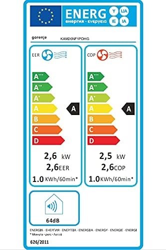 Energy efficiency label for Gorenje KAM26P air conditioner showing EER and COP ratings.
