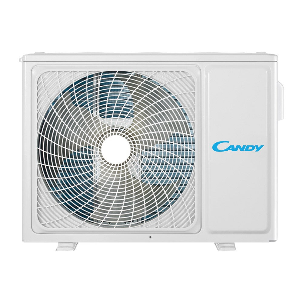 Unità esterna del condizionatore Candy Brezza, design bianco con grande ventilatore per efficienza energetica.