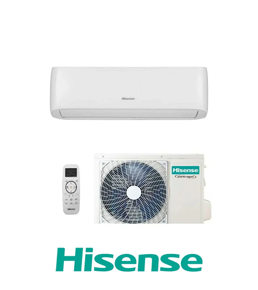 Hisense EASY SMART 2025 air conditioner, indoor unit and outdoor unit with remote control, energy-efficient inverter technology.