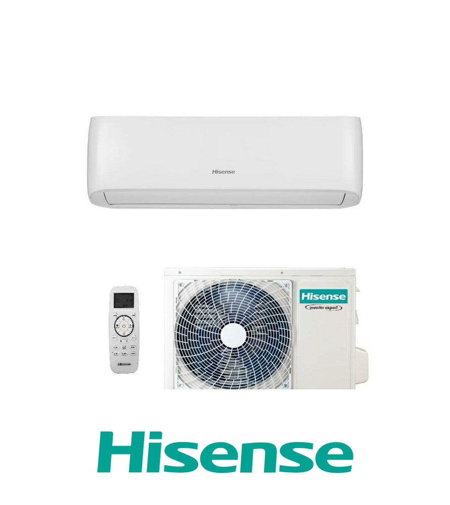 Hisense EASY SMART air conditioner model 2025, featuring indoor unit, outdoor unit, and remote control.