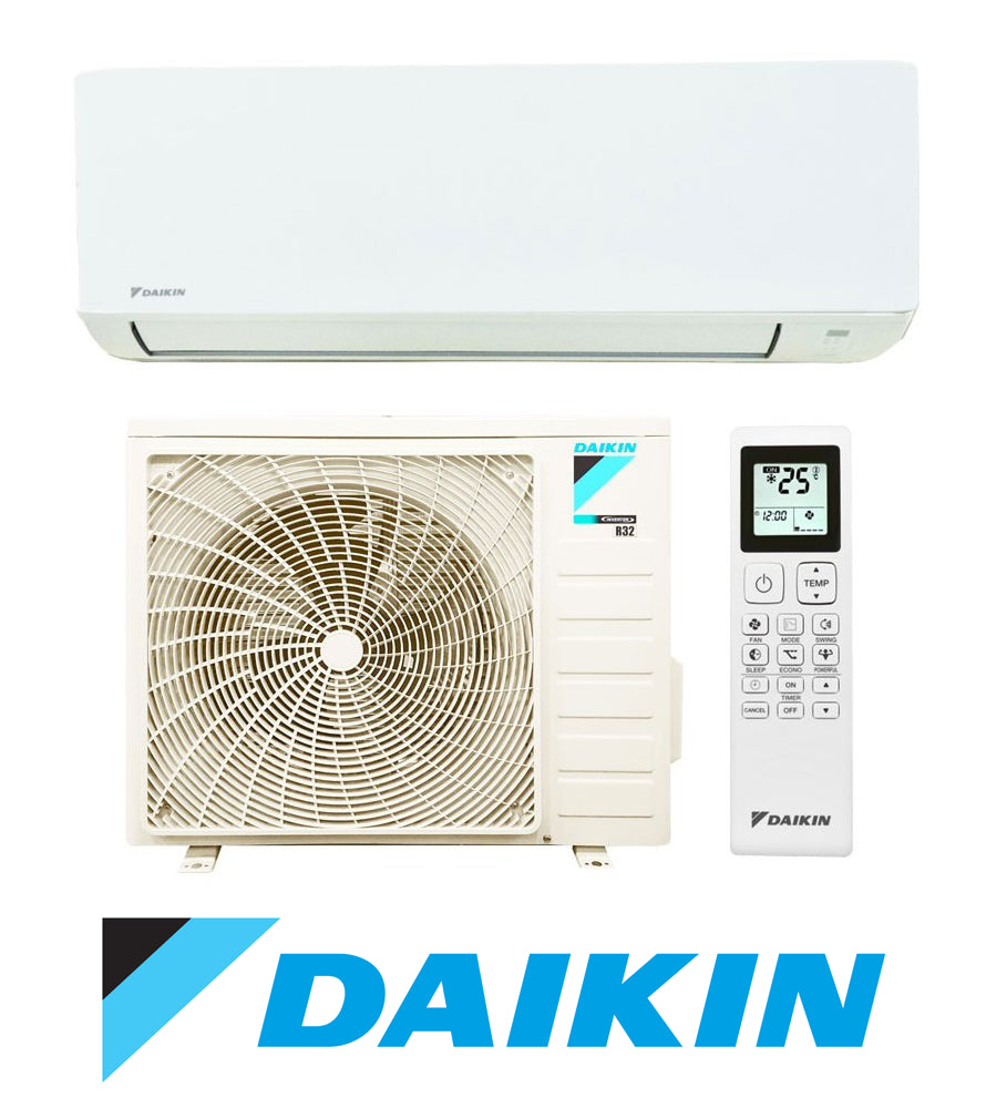 Climatizzatore Daikin 9000BTU con unità interna, esterna e telecomando, efficiente e compatto.