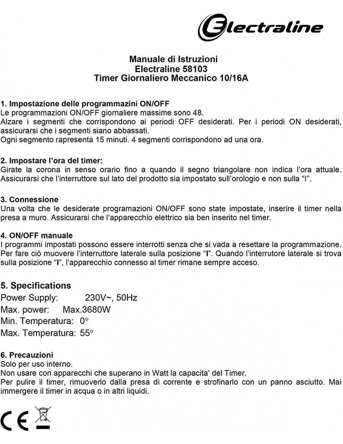 Manuale di istruzioni per il Timer Giornaliero Electraline 58103 con dettagli su programmazione e specifiche tecniche.