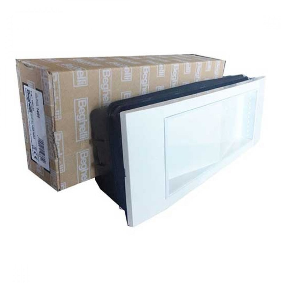 Beghelli 1499 LED emergency lamp with packaging, designed for recessed installation, featuring a unique wedge reflector.