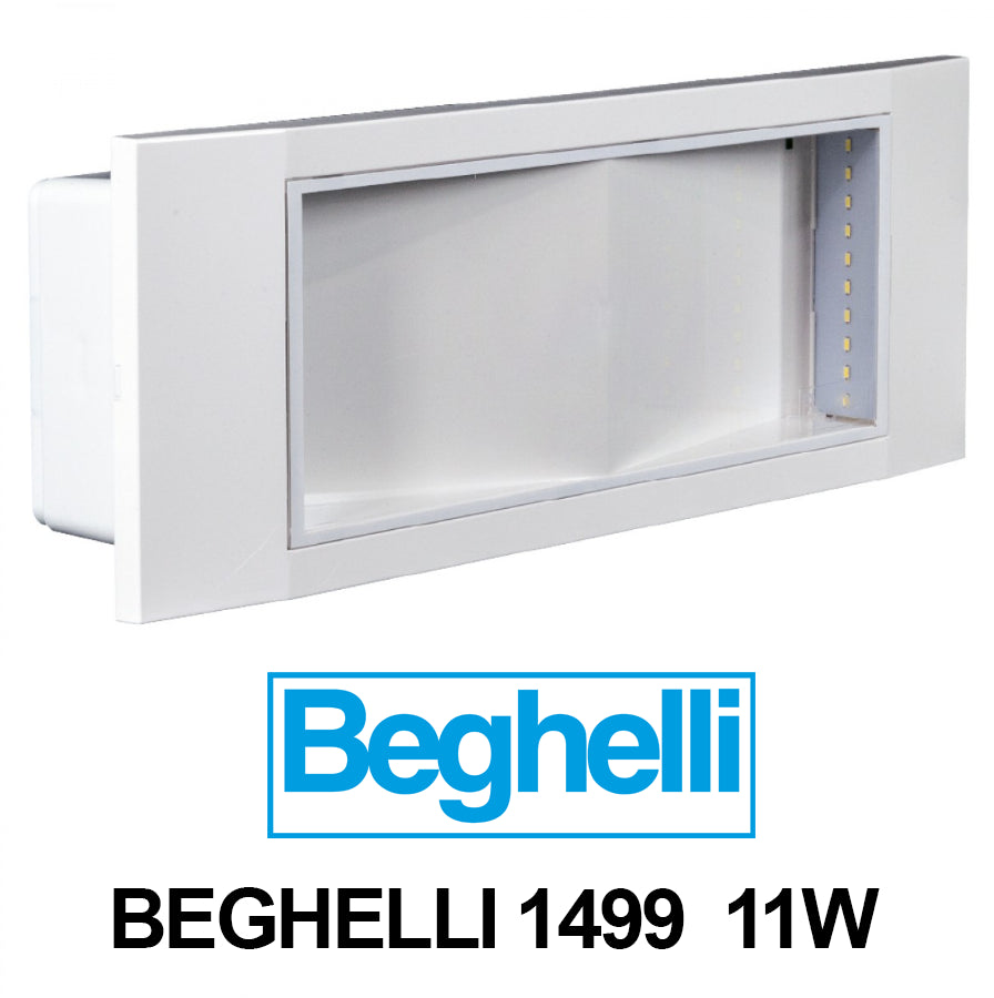 Lampada emergenza Beghelli 1499 11W con incasso, design innovativo e riflettore a cuneo per ottima emissione luminosa.