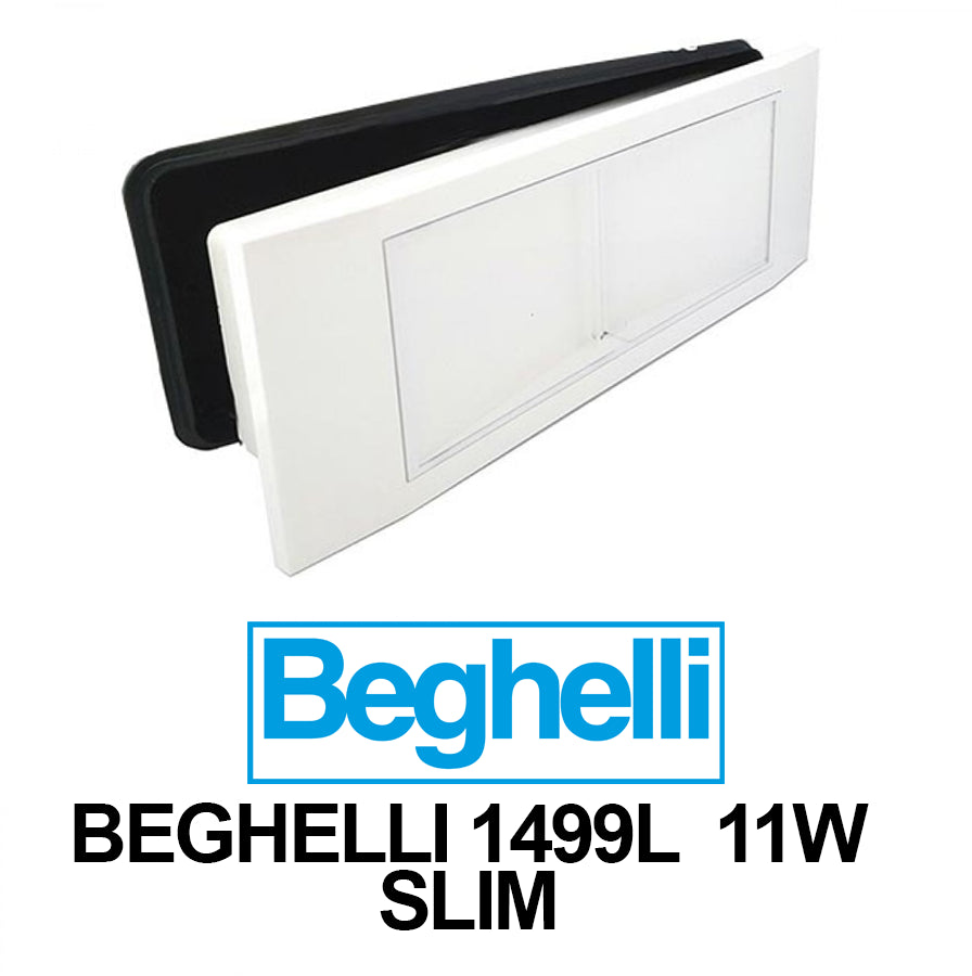 Lampada emergenza LED Beghelli 1499L 11W, design slim, installabile a parete o incasso, autonomia di 8 ore.