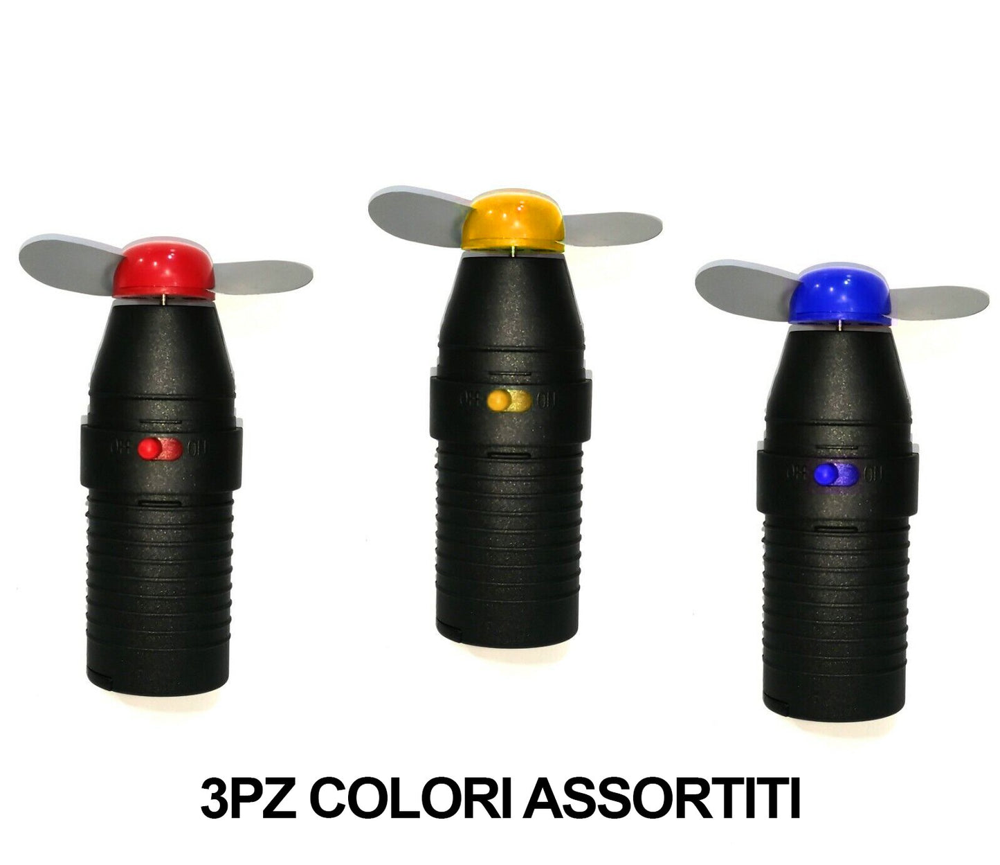 Tre mini ventilatori portatili tascabili in colori assortiti, ideali per l'estate e i viaggi.