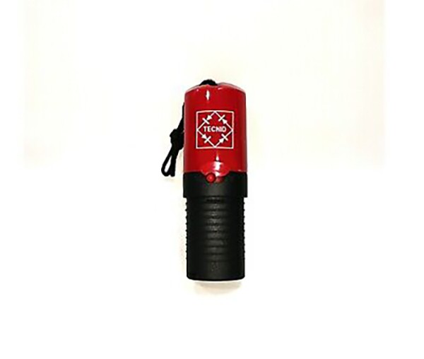 Mini torch flashlight with red top, black grip, and wrist strap, ideal for camping and emergency use.