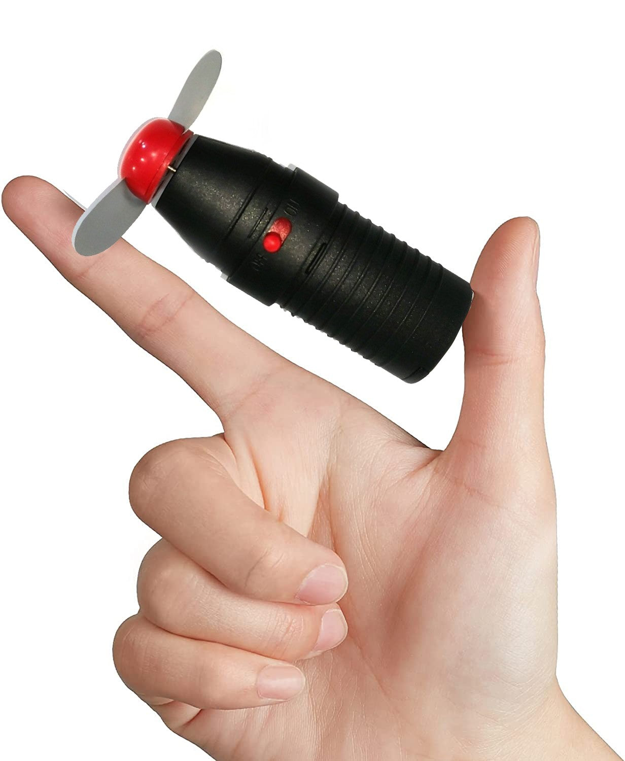 Mini ventilatore portatile tascabile su una mano, ideale per viaggi estivi e caldo, con colori assortiti.