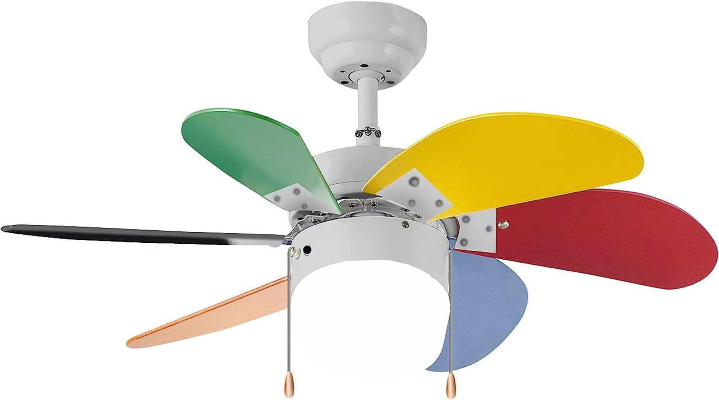 Ventilatore da soffitto Vinco con pale multicolori, 3 velocità, moderno, lampada inclusa, design elegante.