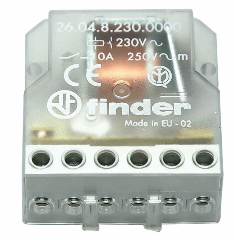 Finder relè commutatore ad impulsi 230V, circuito bobina e contatti separati, tensione max 250V.