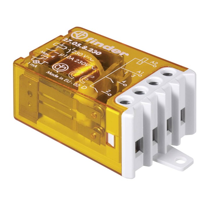 Finder 27018230 230V impulse relay, unipolar switch 1 NO, AC 50/60Hz, 10A contact rating.