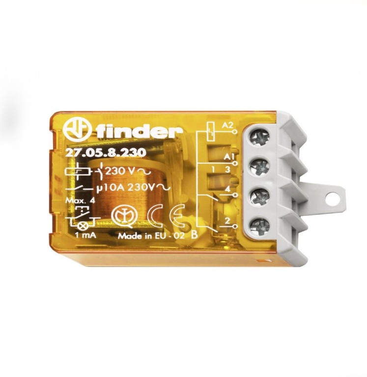 Finder 230V relay, 4 sequence switch, 10A, AC contactor with terminal block, made in EU.