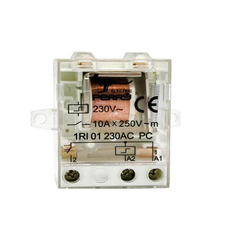 Relè ad impulsi Perry elettromeccanico 230V con contatti 10A 250V e installazione a pannello.