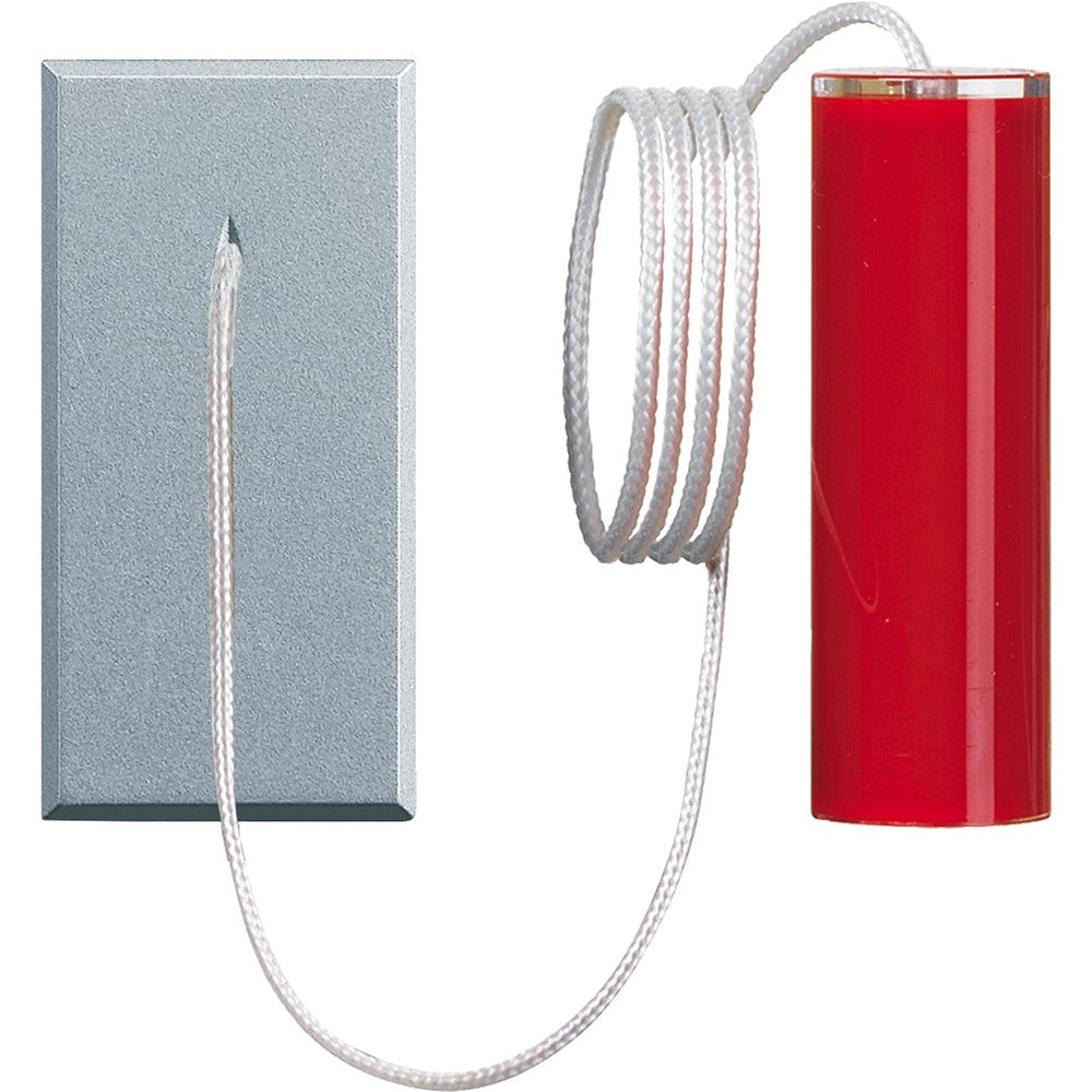 Bticino Axolute gray pull button HC4033 with red handle and cord, designed for easy operation and modern aesthetics.