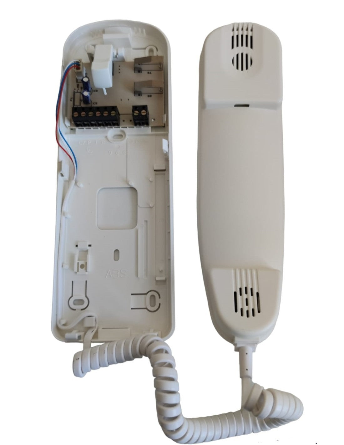 Bitron Citofono AN9102 Bianco interior view with electronic connections and coiled handset, 4+n configuration.