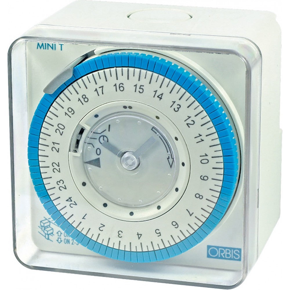 ORBIS 251232 MINI T-QRD 230 V analog wall timer with adjustable daily programming and manual switch.