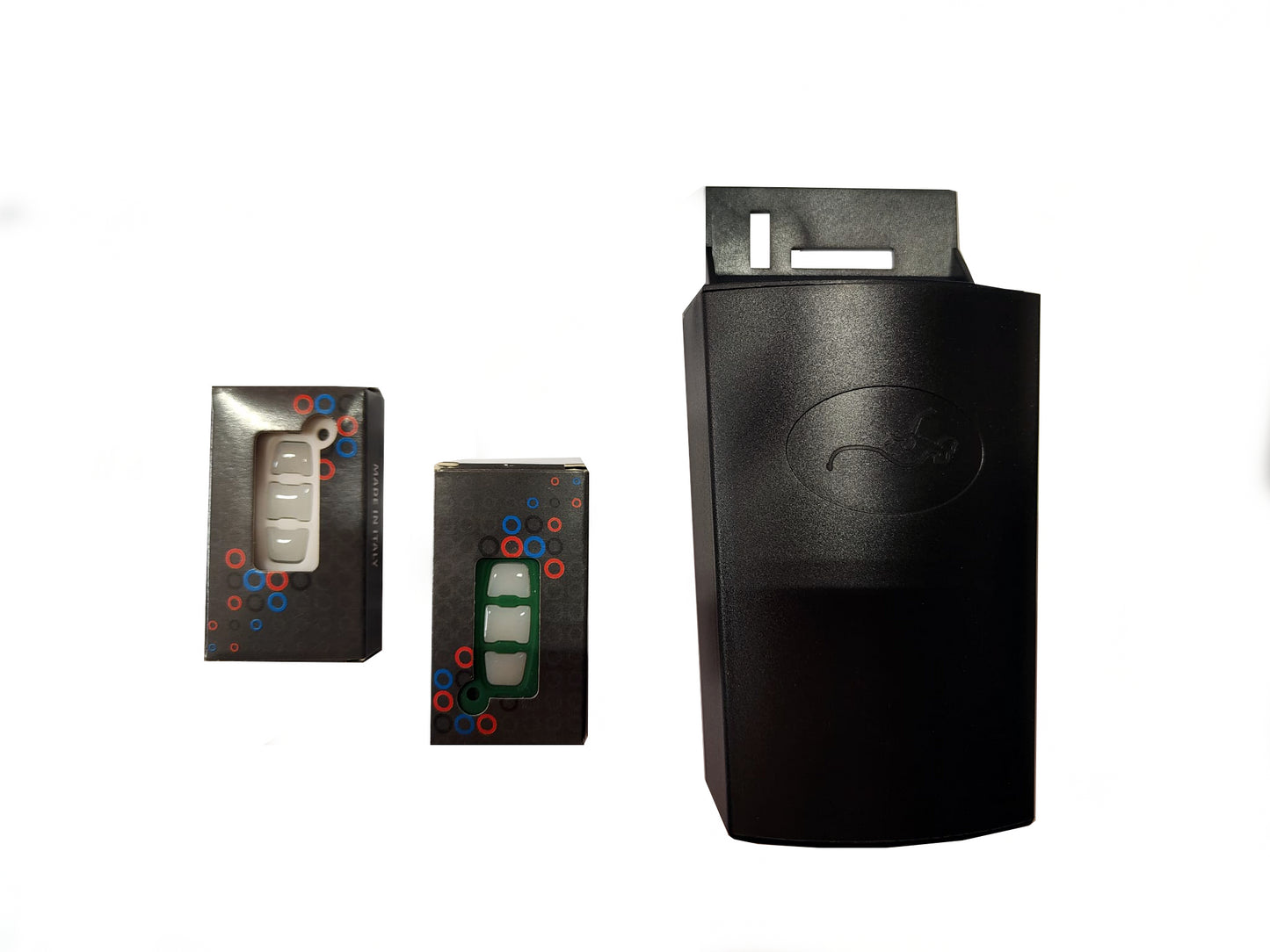 Ricevente 2 canali per cancelli automatici con telecomandi, antenna inclusa, design compatto e funzionale.