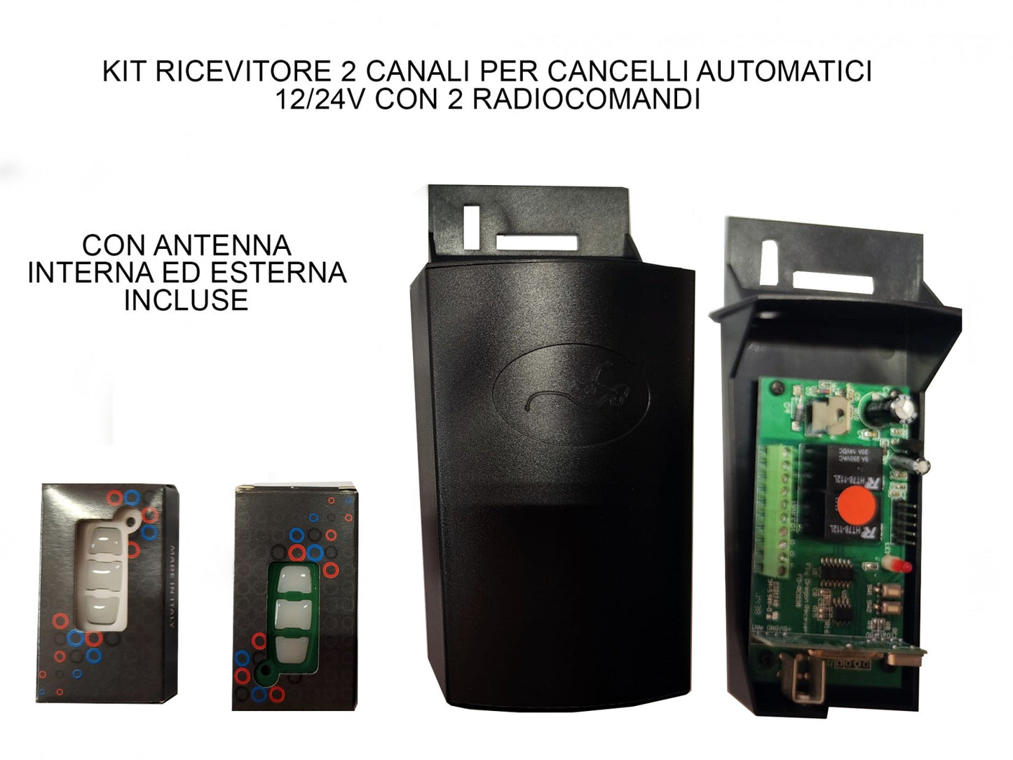 Kit ricevente 2 canali per cancelli automatici con antenne, 2 radiocomandi, 12-24V e circuito interno.