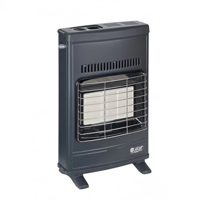 Stufa a gas metano a parete Sicar Eco 42T, ventilata e radiante, design in acciaio e verniciatura epossidica.