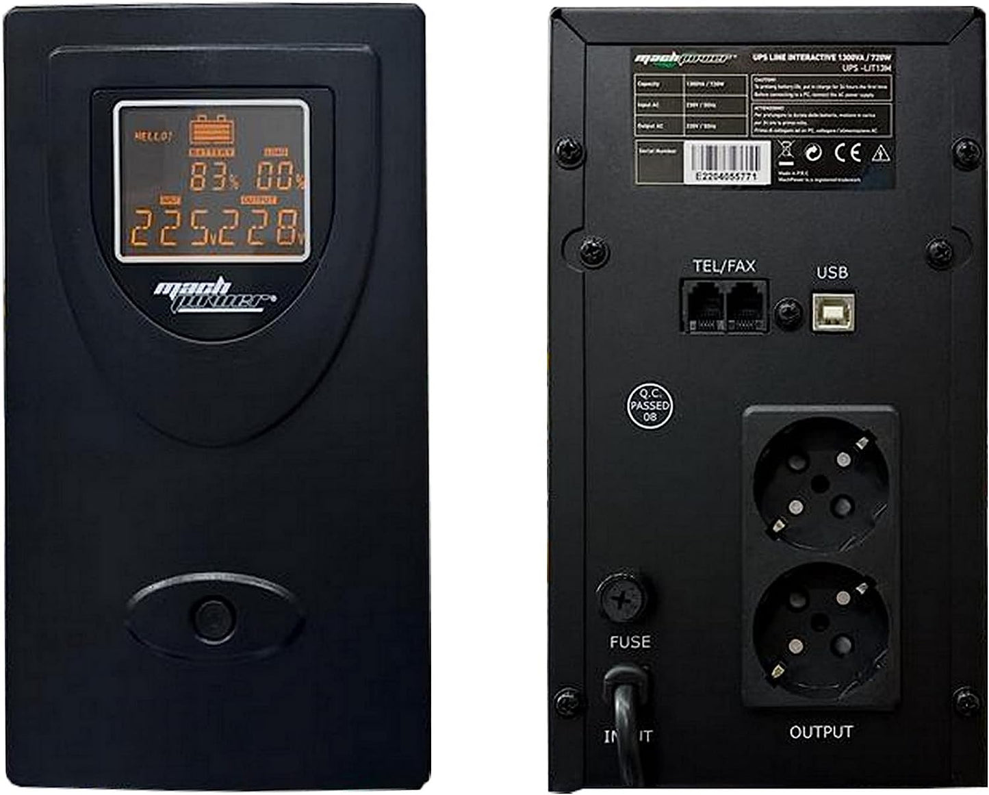 MACH POWER 2000VA/1200W line interactive UPS with digital display, USB port, and Schuko outlets.