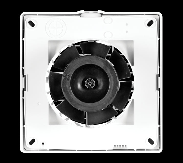 Vortice 90 mm wall-mounted axial fan, white with durable resin construction and black impeller design.
