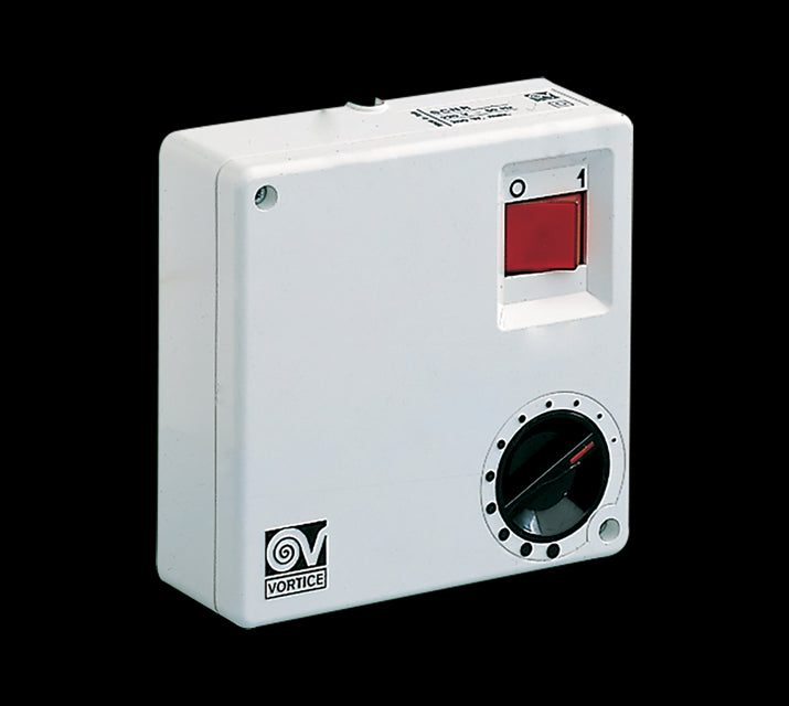 Vortice electronic control unit for fans, white, wall-mounted, with speed selector and on/off switch.