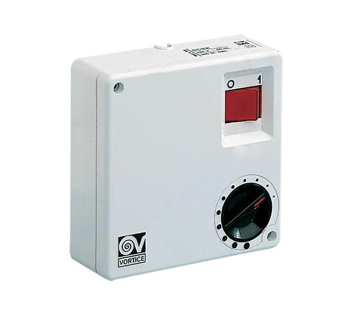Vortice electronic control unit for fans, white, wall-mounted, with speed selector and on/off switch.