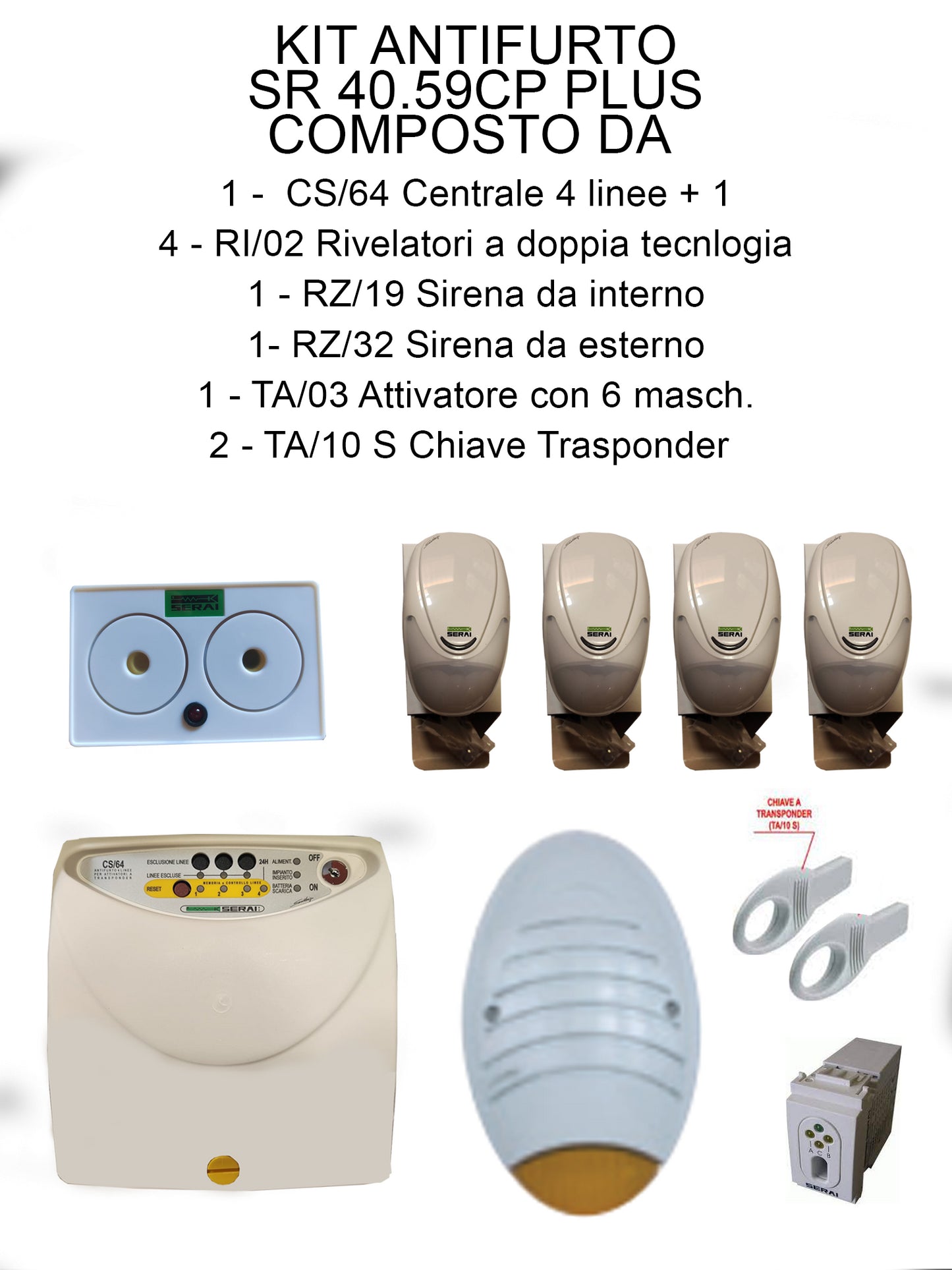 Serai Kit Antifurto 40.59CP PLUS components: centrale, rivelatori, sirene, attivatore, chiavi trasponder.