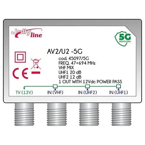 Amplificatore di segnale DTT TV esterno GBS-HD AV2/U2 45097/5G, frequenza 47-694 MHz, guadagno 107 dB, filtro 5G LTE.