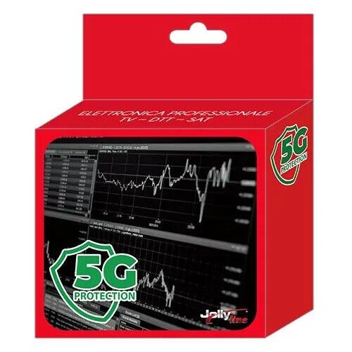 5G Protection packaging for DTT TV antenna signal amplifier, featuring graphical data representation.