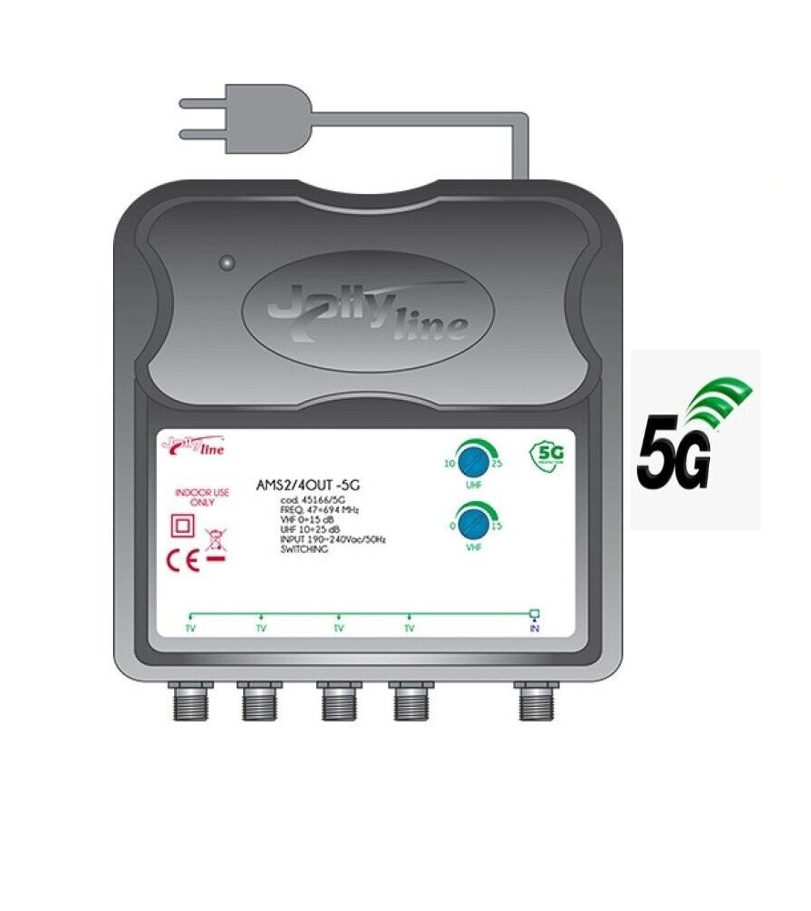 Amplificatore Jolly Line GBS JL45166/5G per VHF-UHF con 4 uscite e filtro 5G, impedenza 75 Ohm