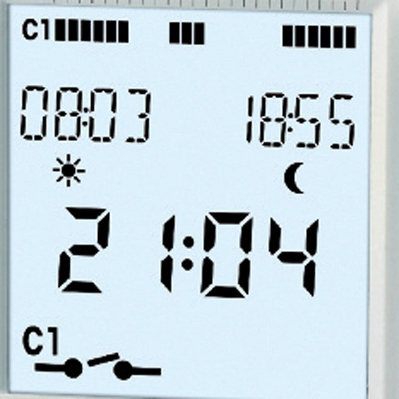 Display of ASTRO UNO digital timer showing time and astronomical settings for automated control.