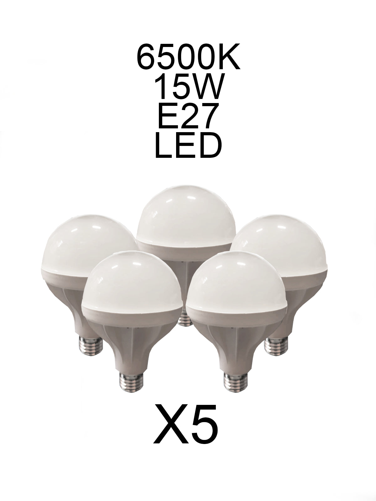 Kit of 5 LED bulbs 15W 6500K E27, energy-saving, long-life, high-efficiency lighting solution.
