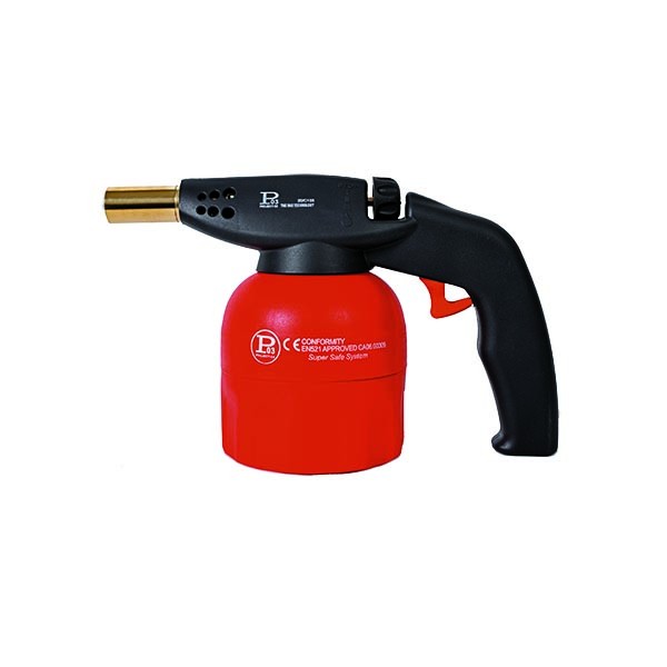 Gas soldering torch with automatic piezo ignition and ergonomic handle for safe use.