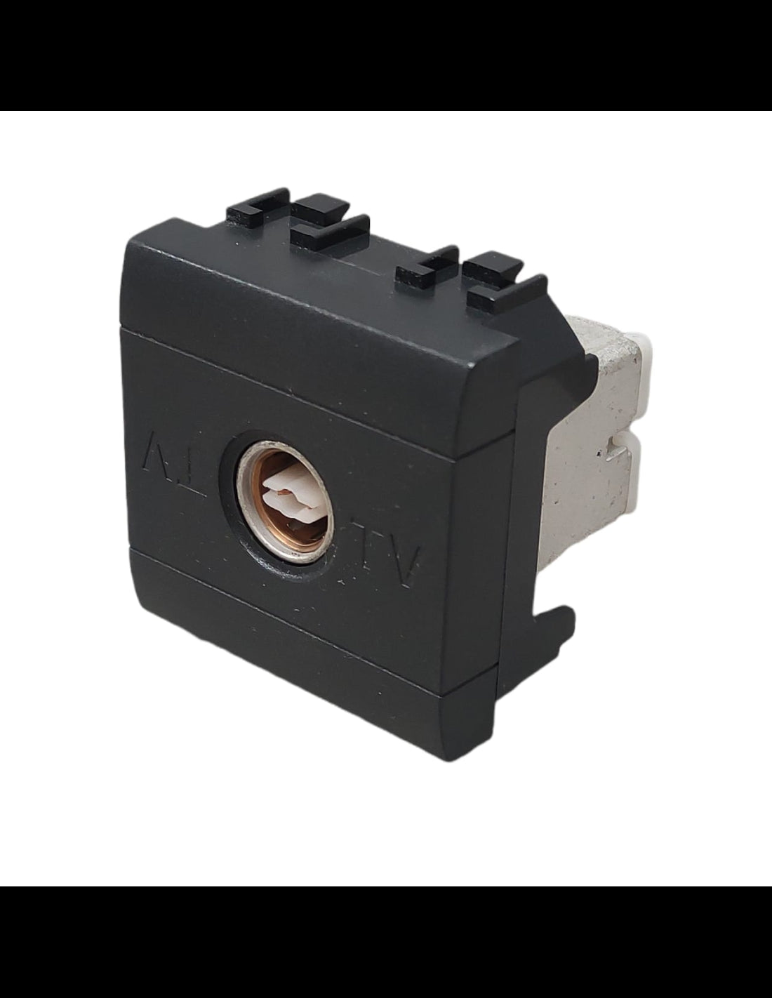 L4201P/2 Presa TV Passante Femmina, black wall socket for TV with two modules, ideal for home audio-visual setups.