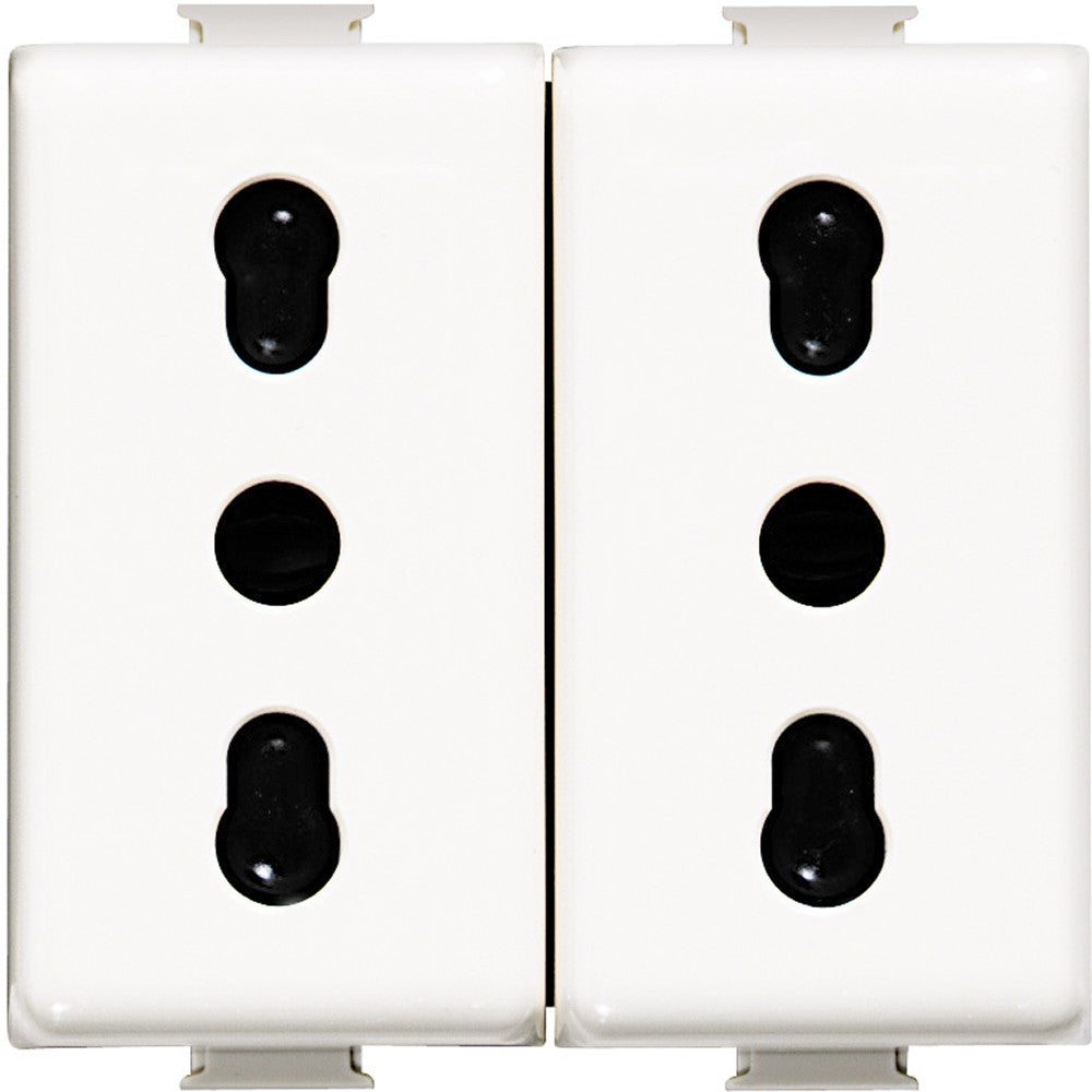 AM5180/2 BTicino Matix duplex socket 2P+T 10/16A 250Vac with screened openings in white.